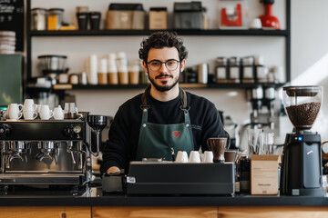 man is making coffee at a coffee shop. The shop has a variety of coffee drinks and pastries on display
