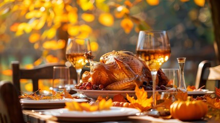Thanksgiving dinner table set against a backdrop of golden autumn leaves