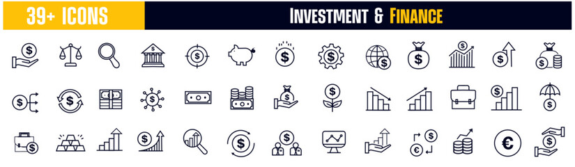 Investment Icons set vector illustrator. Finance, Profit, Asset, Investor, economy. simple outline icons set.