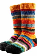 Cozy knitted socks with colorful stripes, isolated on a white background, perfect for advertisements with ample copy text space