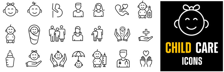 baby life line icons, childhood , child child care, international children day, kid rights, parenthood. Outline icon collection. Editable stroke. Vector illustration on white background editable