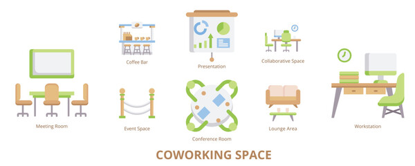 Coworking Space Flat Banner Web Icon Set Vector Illustration, Meeting Room Collaborative Space Workstation Presentation Conference Room Coffee Bar Lounge Area Event Space