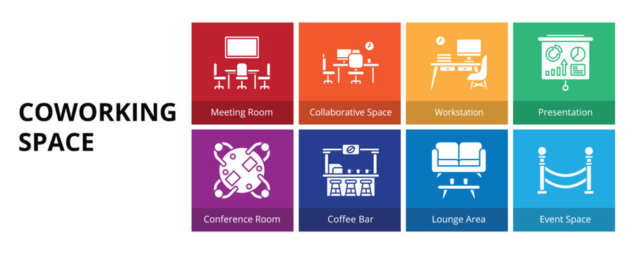Coworking Space Glyph Solid Banner Web Icon Set Vector Illustration, Meeting Room Collaborative Space Workstation Presentation Conference Room Coffee Bar Lounge Area Event Space