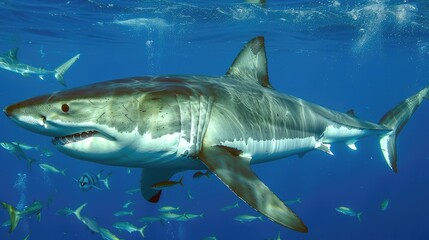 Fototapeta premium Great White Shark Swimming in Blue Water