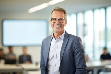 A man presenting company profile on TV screen in the meeting room glasses office adult.