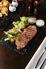 grilled marbled beef steak. restaurant menu