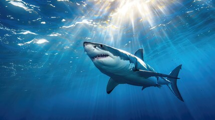 Obraz premium Great White Shark Swimming Towards the Surface in Sunbeams