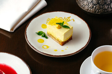 lemon cheesecake with mint. coffee shop menu