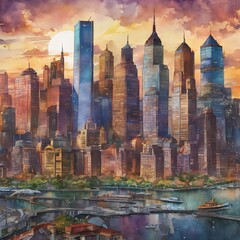 Urban Twilight, Skyscrapers and River Glow at Dusk