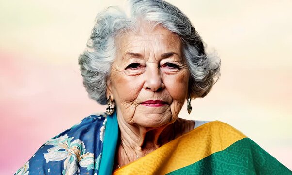 Portrait video of a pleased Brazilian woman in her 70s wearing a foulard against a pastel or soft colors background 