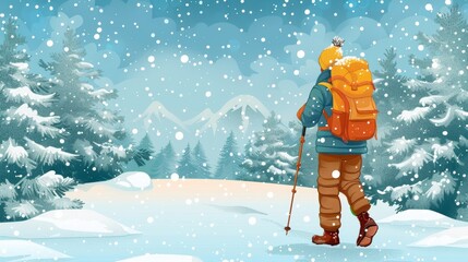 Cartoon vector backpacker navigating through a snowy wilderness on a winter adventure