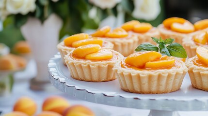 Elegant peach tart display, outdoor festival booth, culinary celebration, festive table settings
