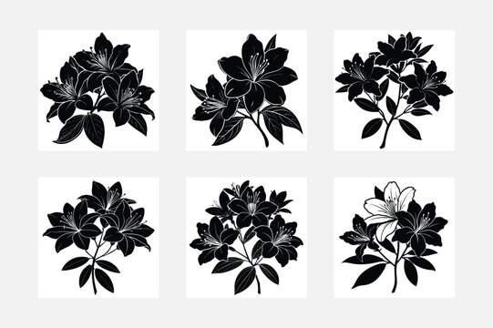White background azalea flower silhouette graphic set
