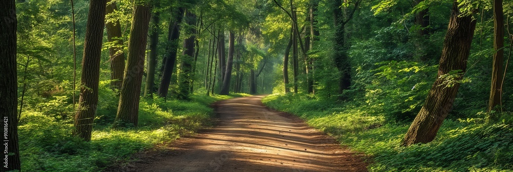 Poster a serene dirt path winds through a forest, illuminated by gentle rays of sunlight filtering through 