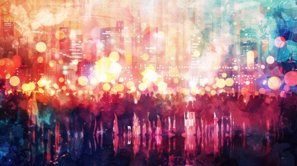 Obraz premium Watercolor cityscape with silhouettes of people.