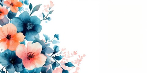 Colorful watercolor flowers with blue and peach petals on a white background