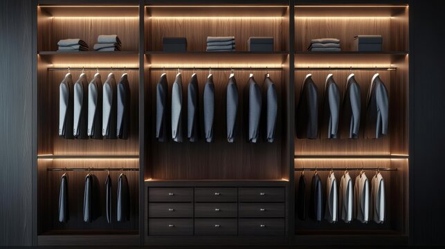 Luxurious wardrobe interior with dark wood shelves and illuminated displays of men's suits, upscale retail space