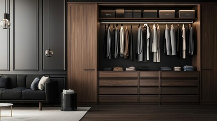 Upscale men's wardrobe with dark wood cabinetry and a stylish black sofa, high-end clothing shop