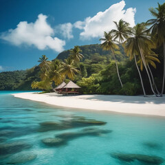 Breathtaking Pristine Beach in Indonesia with Turquoise Waters and Vibrant Tropical Foliage