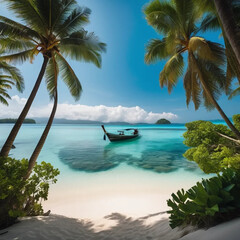Breathtaking Pristine Beach in Indonesia with Turquoise Waters and Vibrant Tropical Foliage