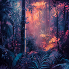 Fototapeta premium Hyper-realistic forest landscape with surreal lighting, dreamy and vibrant colors, detailed leaves and trees, digital art