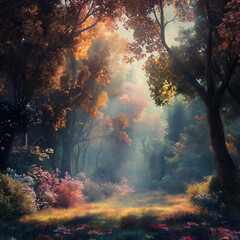 Obraz premium Hyper-realistic forest landscape with surreal lighting, dreamy and vibrant colors, detailed leaves and trees, digital art