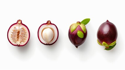 A selection of mangosteen pieces in various states: whole, halved, and sliced. The fruit's unique textures and colors pop against a white background