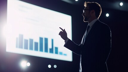 A speaker in a suit gestures toward a large screen displaying blue data visualizations during a business presentation in a dimly lit conference room