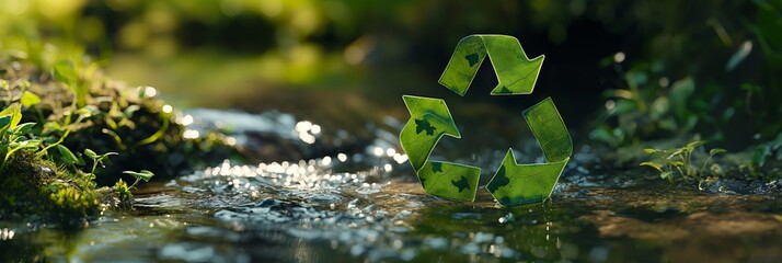 A green recycle symbol floats serenely in a clear stream, harmonizing with its natural surroundings, representing eco-friendliness and sustainability.