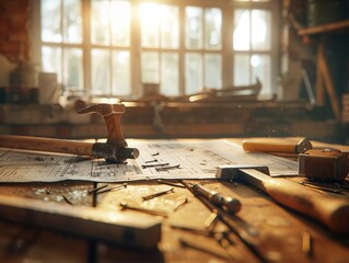 A variety of hand tools are arranged on a wooden table in a carpentry workshop.