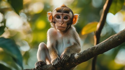 Fototapeta premium A serene image of a monkey sitting peacefully on a branch, surrounded by lush greenery. The calm and reflective pose of the monkey highlights its natural habitat, with plenty of empty space for