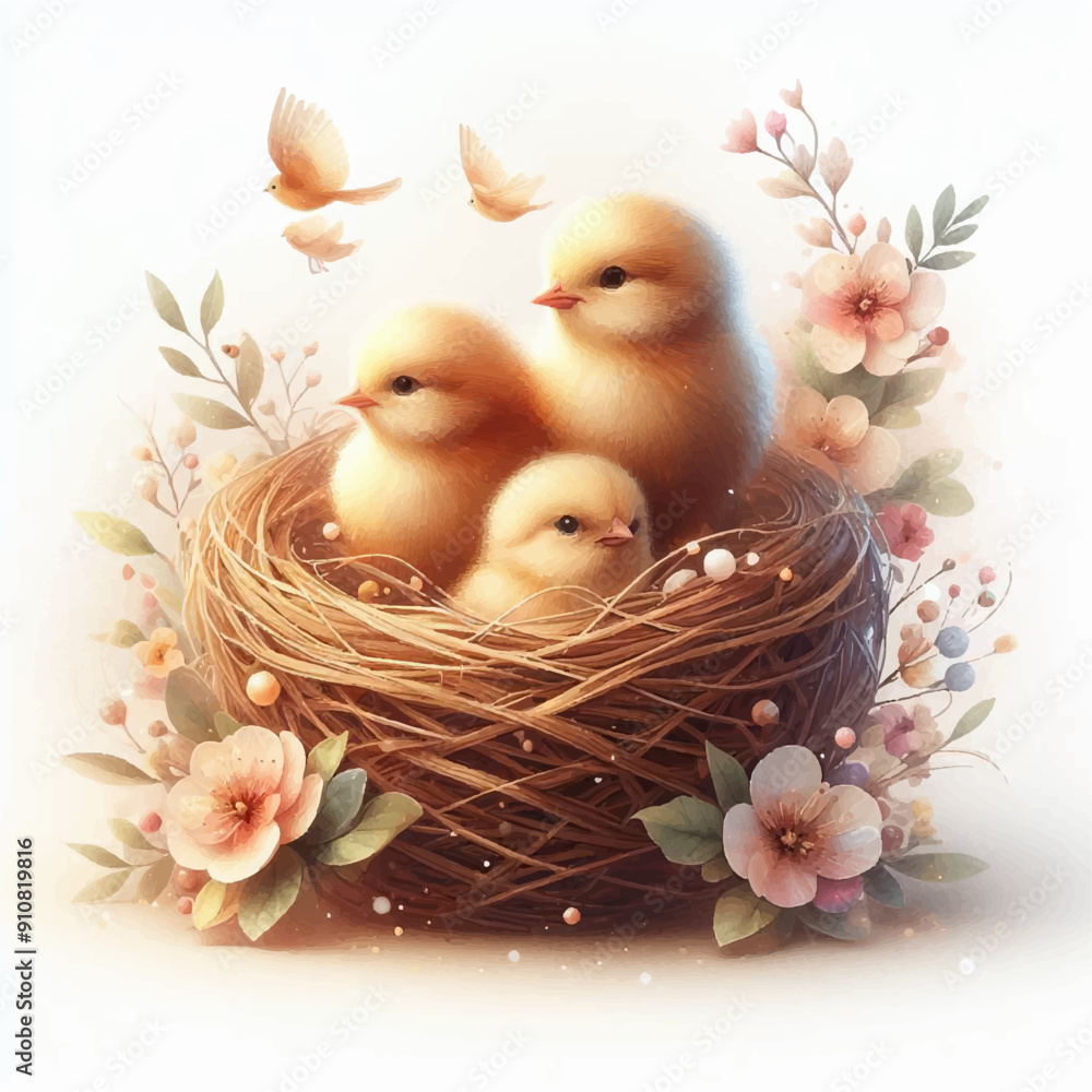 Sticker little yellow chicks in a nest spring  illustration