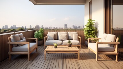Elegant decorated balcony with rattan outdoor furniture, bright pillows and plants. Interior design terraces
