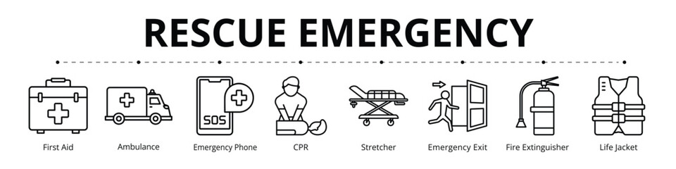 Rescue Emergency Line Banner Web Icon Set Vector Illustration, First Aid Ambulance Emergency Phone CPR Stretcher Emergency Exit Fire Extinguisher Life Jacket