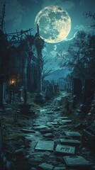 Mystical full moon shines over the old cemetery with creepy tombstones and scary trees