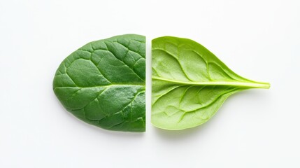 Obraz premium Fresh spinach halves layered to show a gradient of green shades and the intricate leaf structure. Perfectly isolated on white for a clean look
