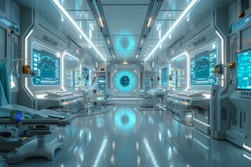 Obraz premium The interior of a futuristic spaceship with a long corridor, blue lights, and glass panels.