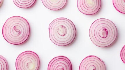 Freshly cut shallot rings, perfectly circular and evenly spaced. The subtle pink and purple tones stand out against a white backdrop