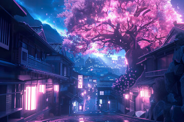 Naklejka premium A tree with pink blossoms is in front of a city skyline.