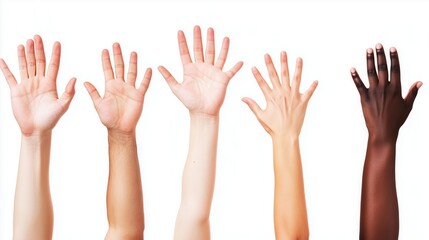 Fototapeta premium Hands of different nationalities reaching upward, symbolizing unity and diversity