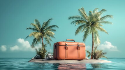 Fototapeta premium Luggage A tropical paradise with palm trees, beaches, boats and ocean under a clear sky.