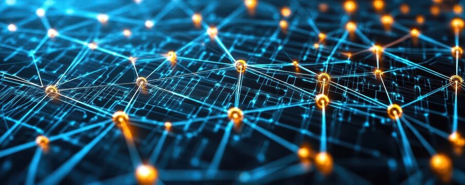 Abstract representation of a digital network with interconnected nodes and glowing elements, symbolizing advanced technology and communication.