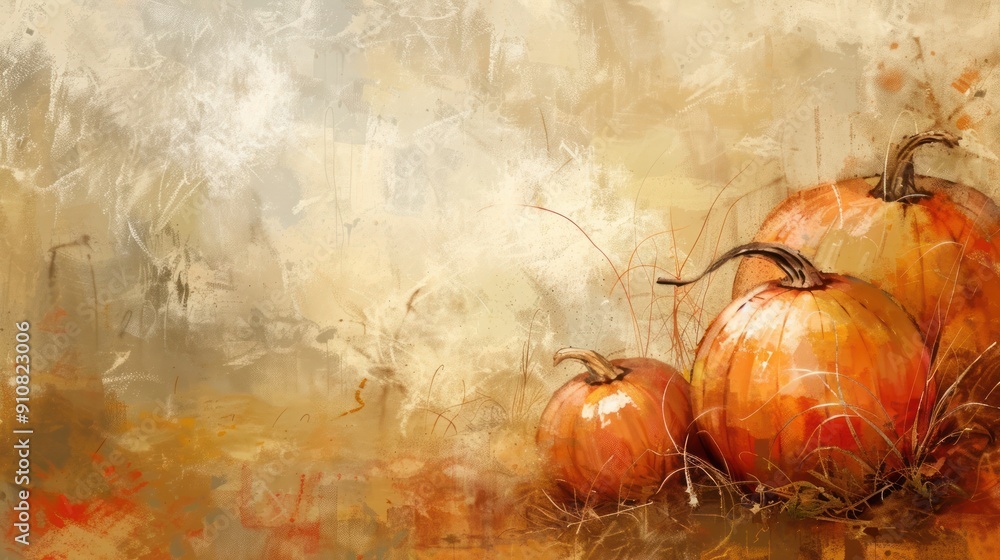 Poster Watercolor painting of pumpkins with a textured background.