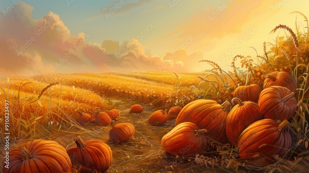 Wall mural Golden field with pumpkins under a warm sky.