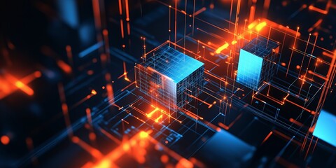 Obraz premium Abstract 3D blocks and lines in blue and orange, representing data or digital technology, on a dark background.