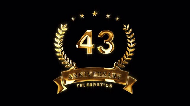 43rd Anniversary Celebration. Happy 43 Years Anniversary Animation in Gold Color on the Transparent Background, Alpha Channel. Great for greetings, celebrations, events, and gifts.
