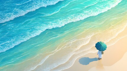 Obraz premium A young woman holding a green umbrella walks on a beautiful beach in cartoon style.