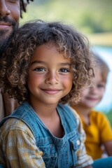 Obraz premium Mixed-race family picnic, : parents sitting on blankets, children standing, playing Frisbee, Emotion: Joy and laughter, in-person concept