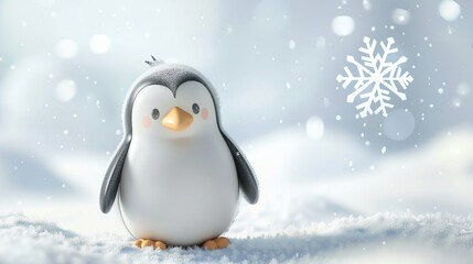 A cartoon penguin in the snow with a snowflake behind it.