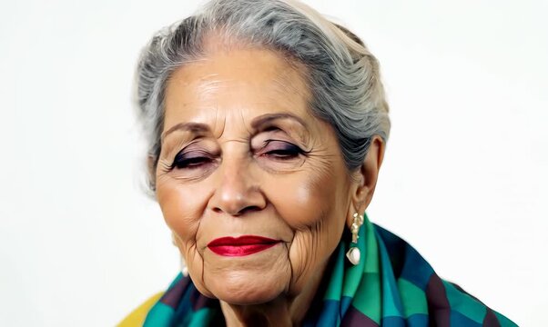 Portrait video of a Colombian woman in her 70s wearing a foulard against a white background